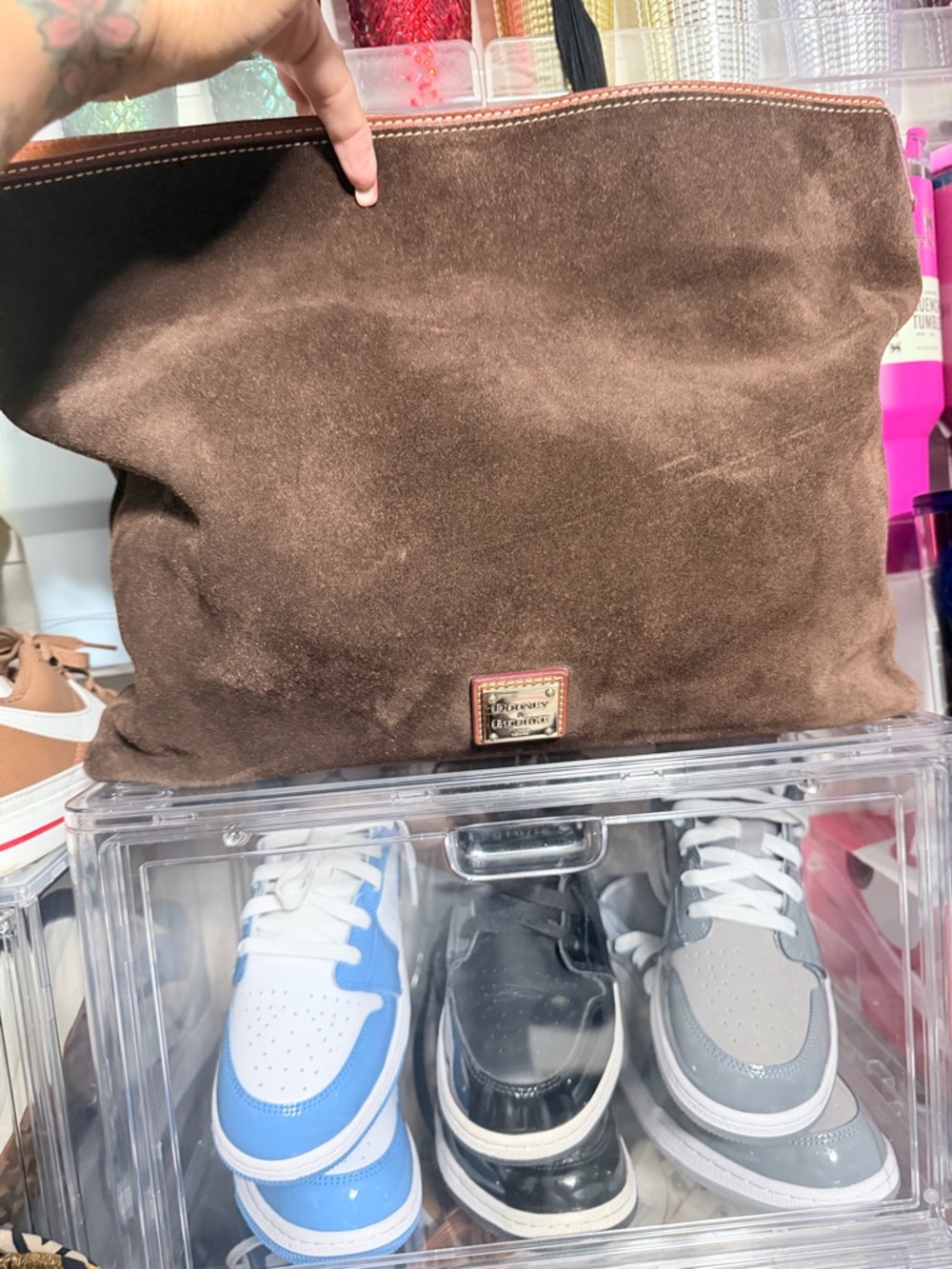 Dooney & Bourke Brown Suede Shoulder Tote with Leather Trim